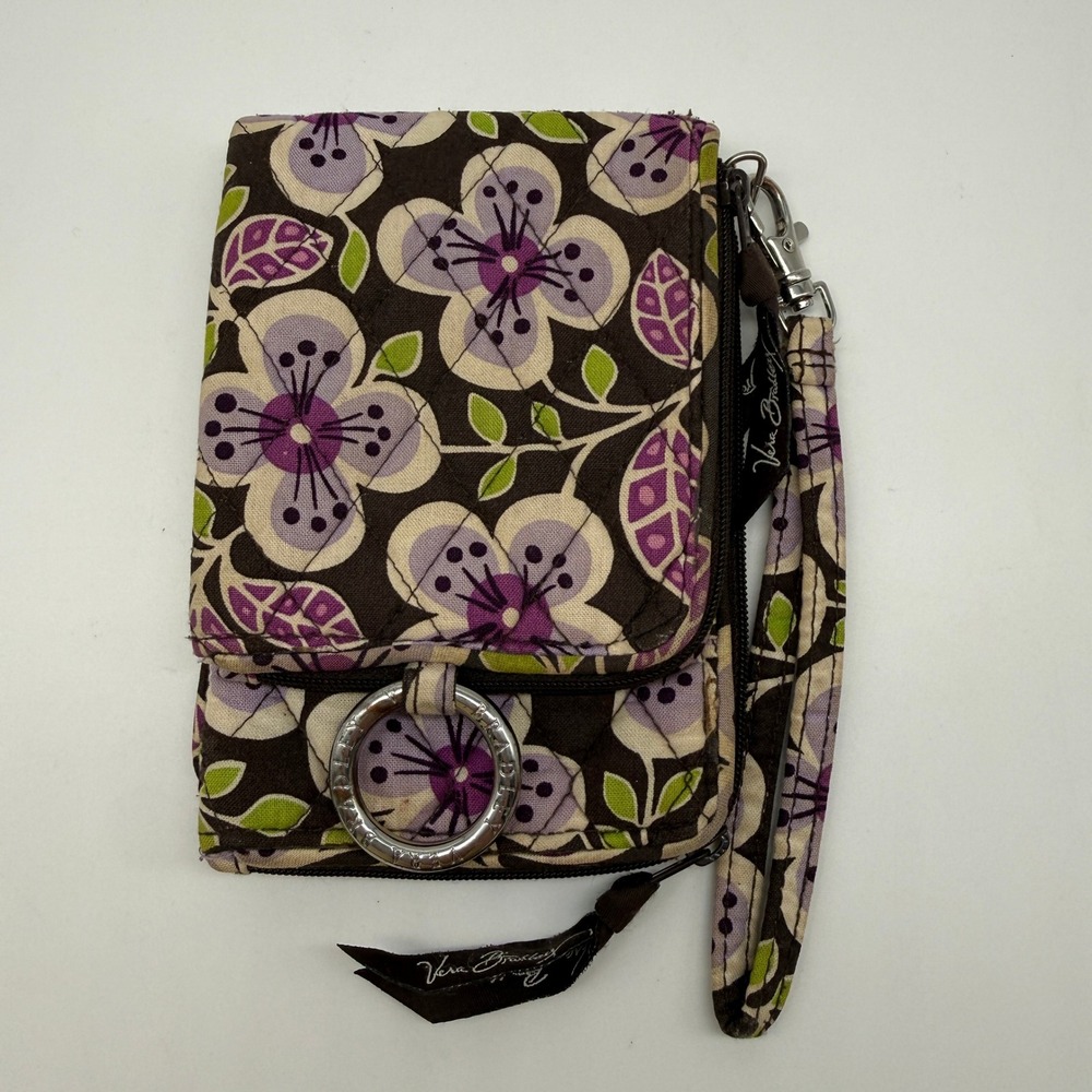 Vera‎ Bradley Wristlet Wallet Brown Purple Floral Quilted Cotton